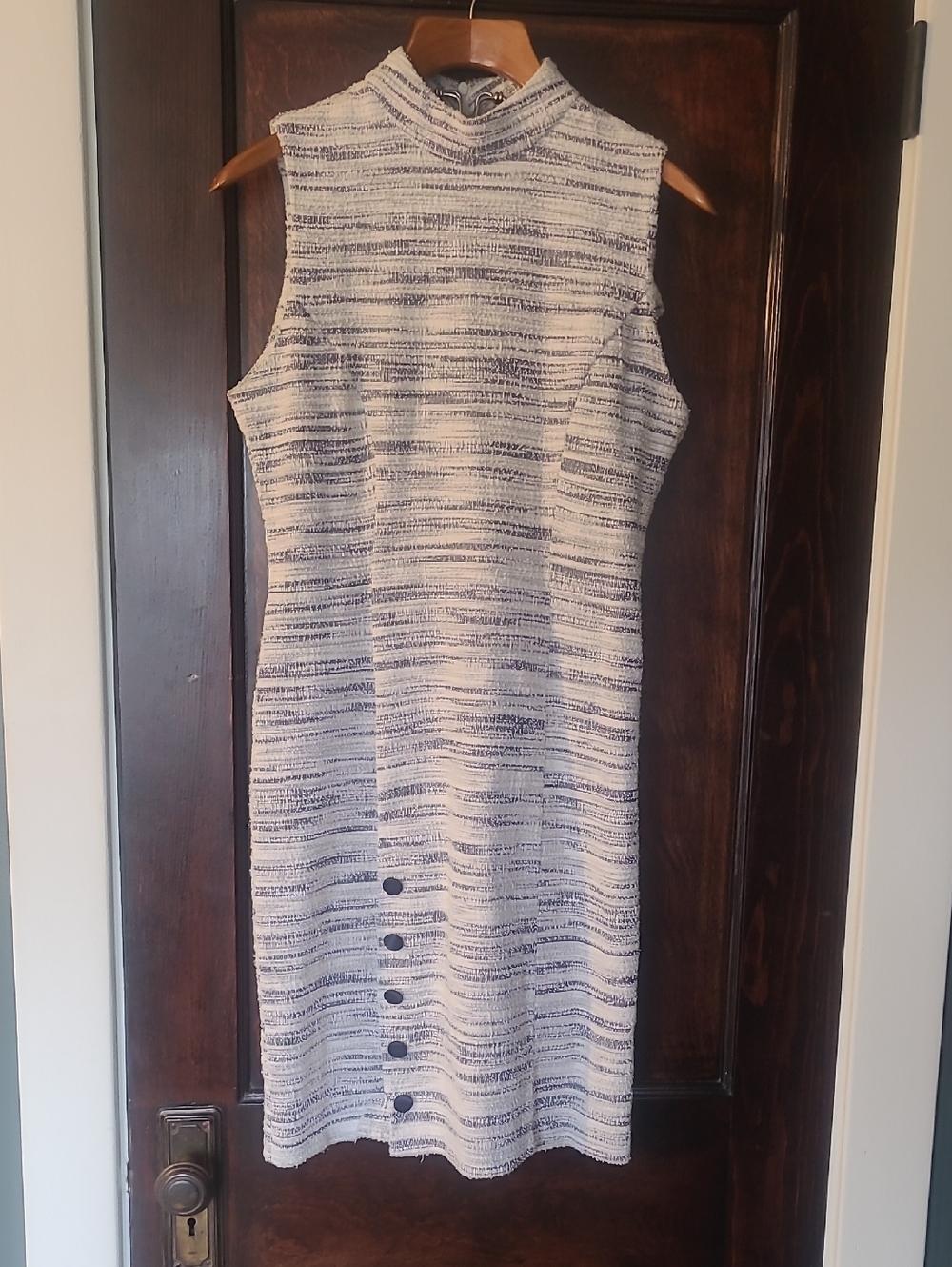 Sharagano White and Navy Striped Sleeveless Midi Dress